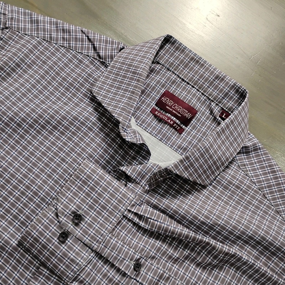 NWT Henri Christian Shirt Mens L Button Up Multi Check Stretch Wicking No Iron